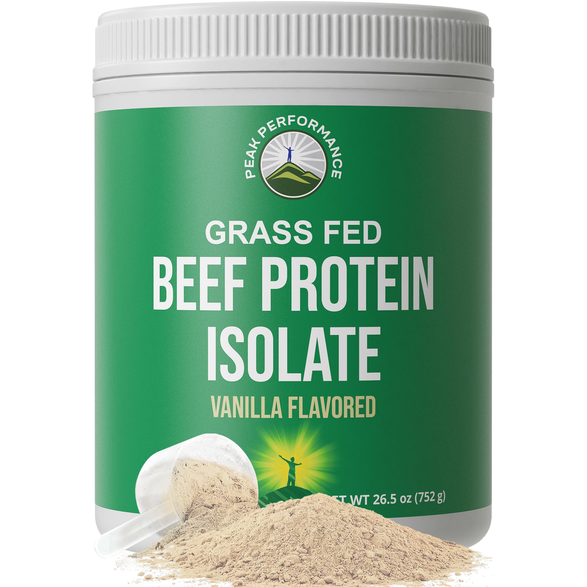 Peak Performance grass-fed beef protein tub for convenient, dairy-free protein.