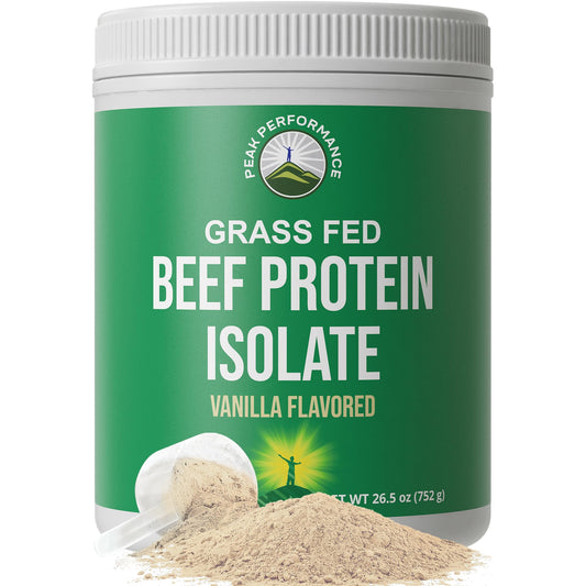 Peak Performance grass-fed beef protein tub for convenient, dairy-free protein.