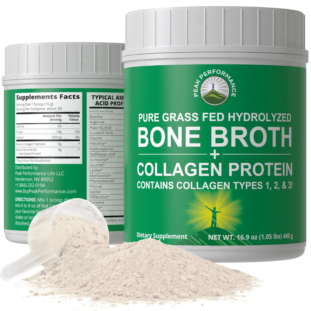 Peak Performance bone broth collagen powder container shows all collagen types for versatile daily use