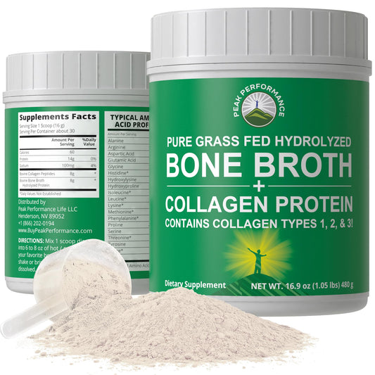 Peak Performance bone broth collagen powder container shows all collagen types for versatile daily use