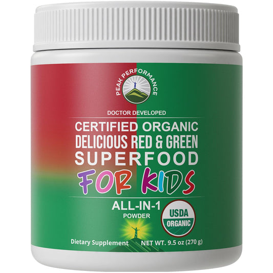 Peak Performance Kids Greens and Reds powder bottle boosts daily nutrition for kids.