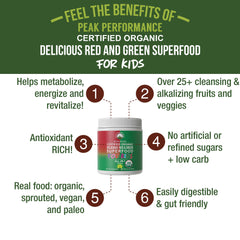 Peak Performance Kids Greens and Reds powder label close-up highlighting organic ingredients for trusted nutrition.