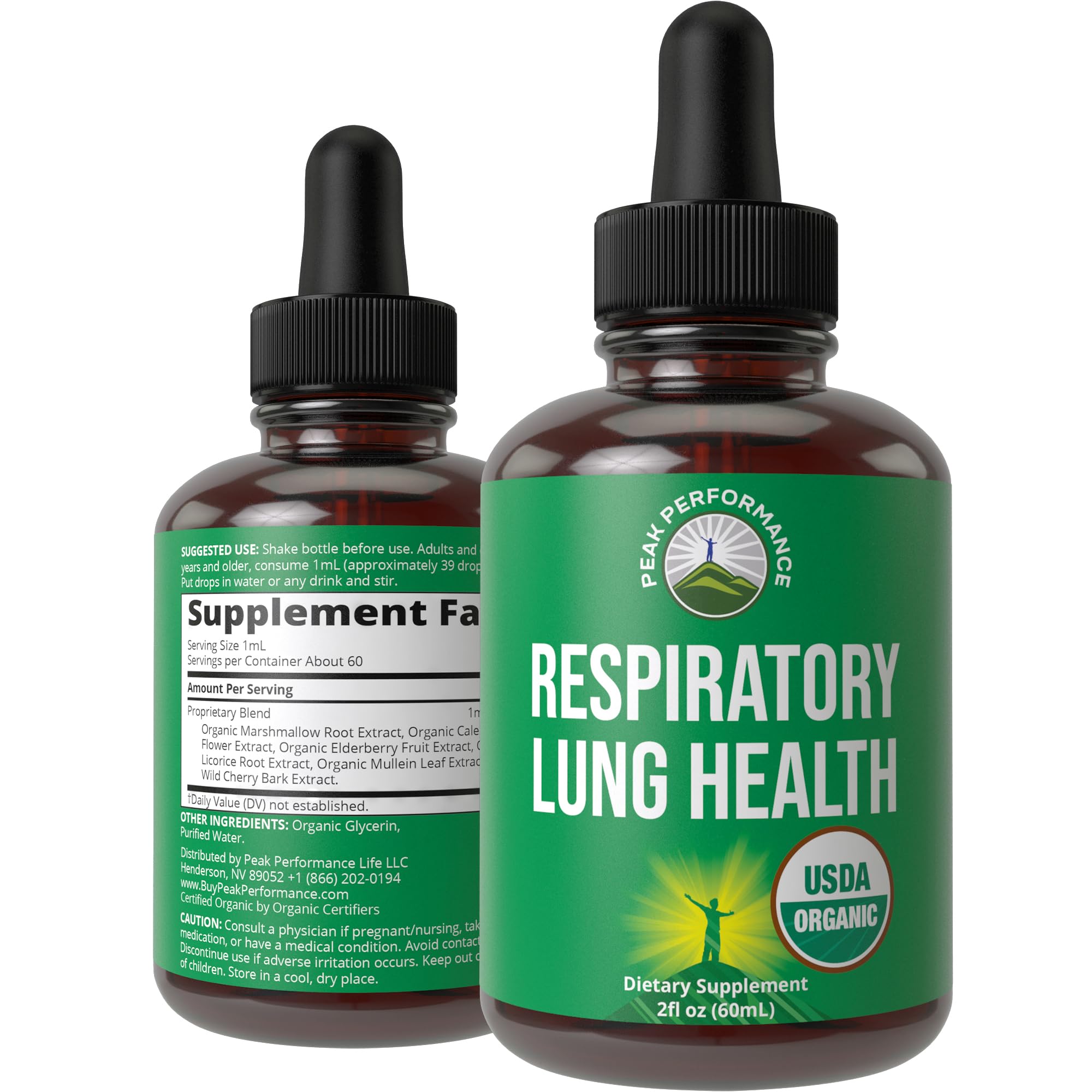 Peak Performance Lung Detox bottle label highlights organic ingredients for daily support.