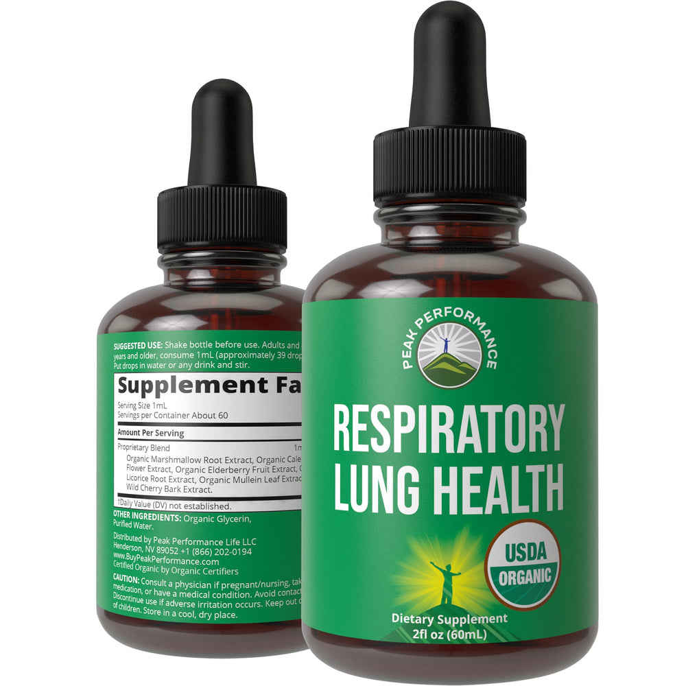 Peak Performance Lung Detox bottle label highlights organic ingredients for daily support.