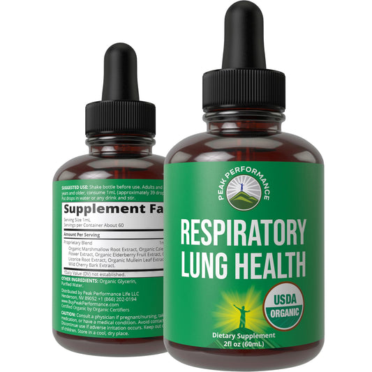 Peak Performance Lung Detox bottle label highlights organic ingredients for daily support.