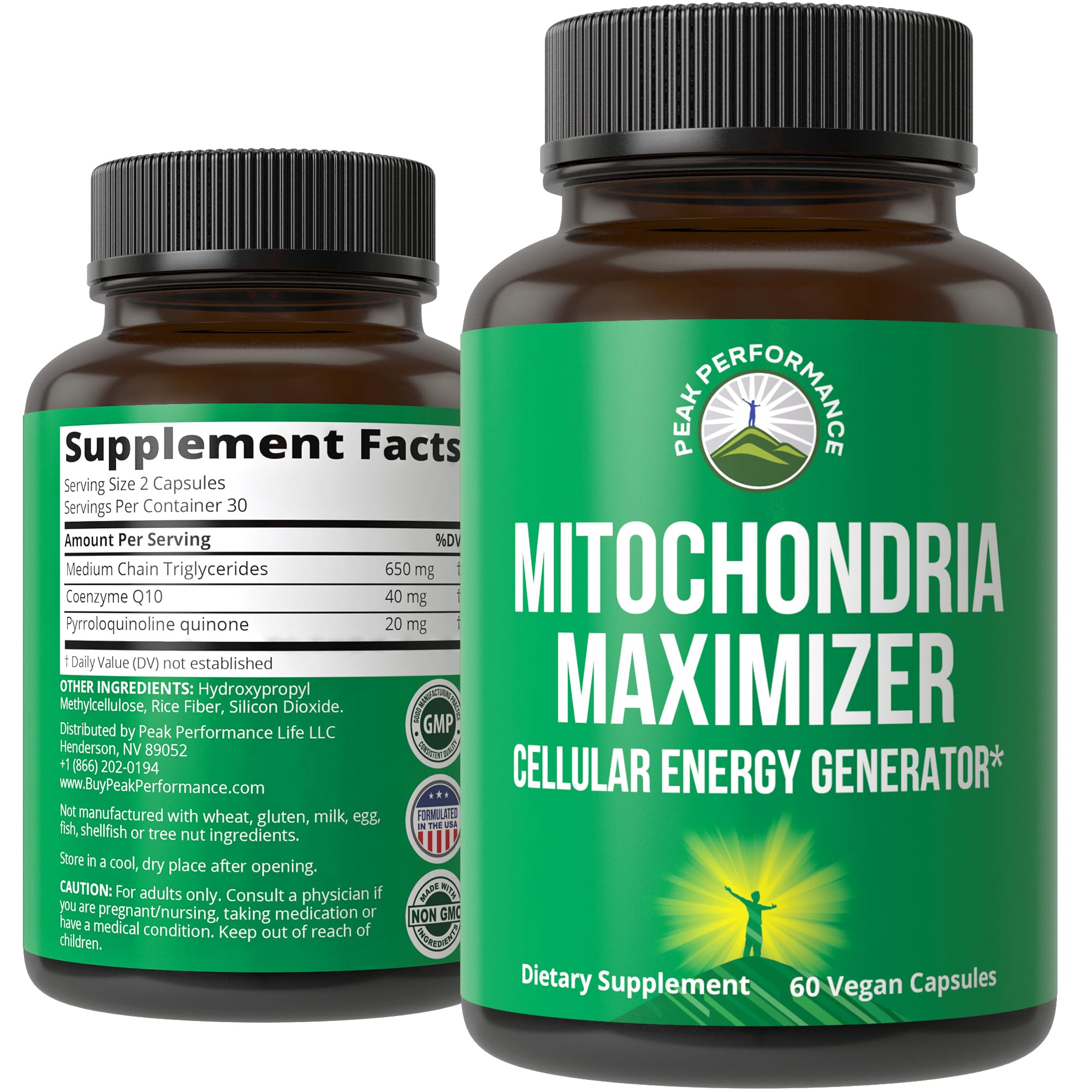 Peak Performance Mitochondria Maximizer bottle supports daily energy through clean, evidence-based ingredients.