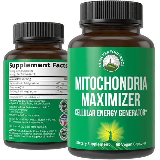 Peak Performance Mitochondria Maximizer bottle supports daily energy through clean, evidence-based ingredients.