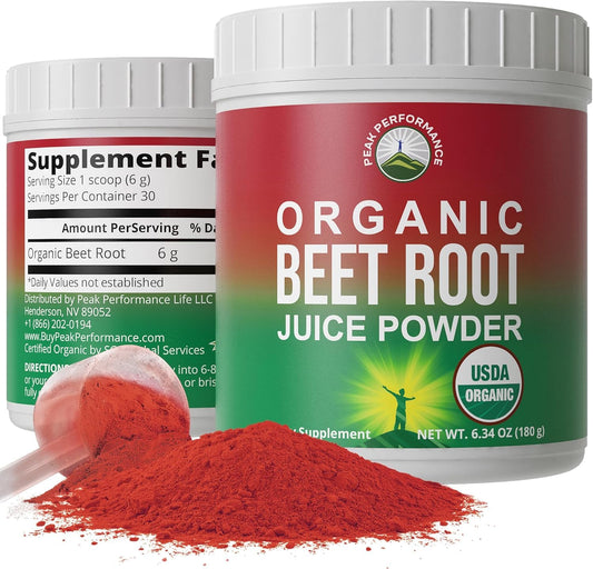 Peak Performance Organic Beet Root Powder bottle shown on kitchen counter for convenient daily use.