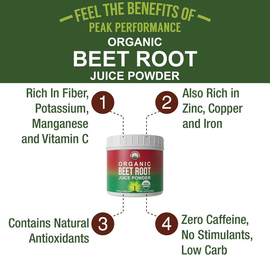 Peak Performance Organic Beet Root Powder scoop demonstrating easy measurement for smoothies.