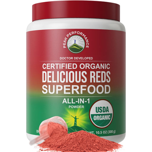 Peak Performance Organic Reds bottle pour boosts daily energy.