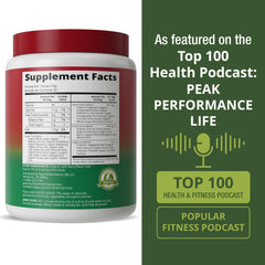 Peak Performance Organic Reds nutrition-label details show clean, plant-based ingredients.