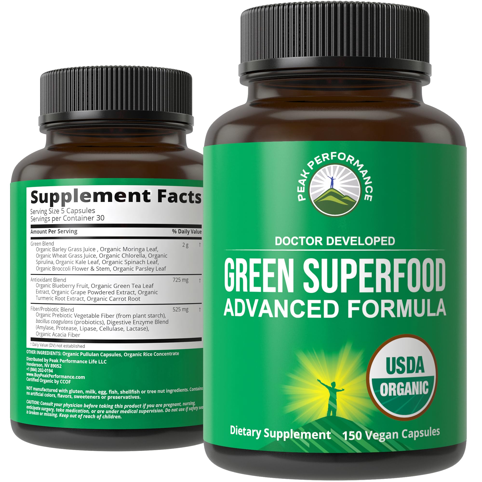 Peak Performance Organic Super Greens bottle front showing 25 organic ingredients for energy support.