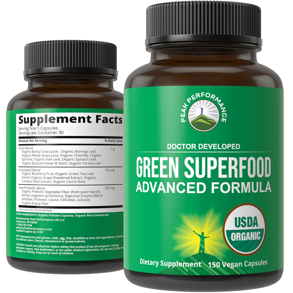 Peak Performance Organic Super Greens bottle front showing 25 organic ingredients for energy support.
