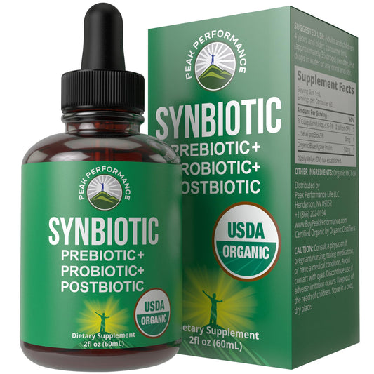 Peak Performance Organic Synbiotic bottle ready for daily gut support