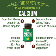Peak Performance calcium bottle cap open shows easy-to-swallow vegan capsules.