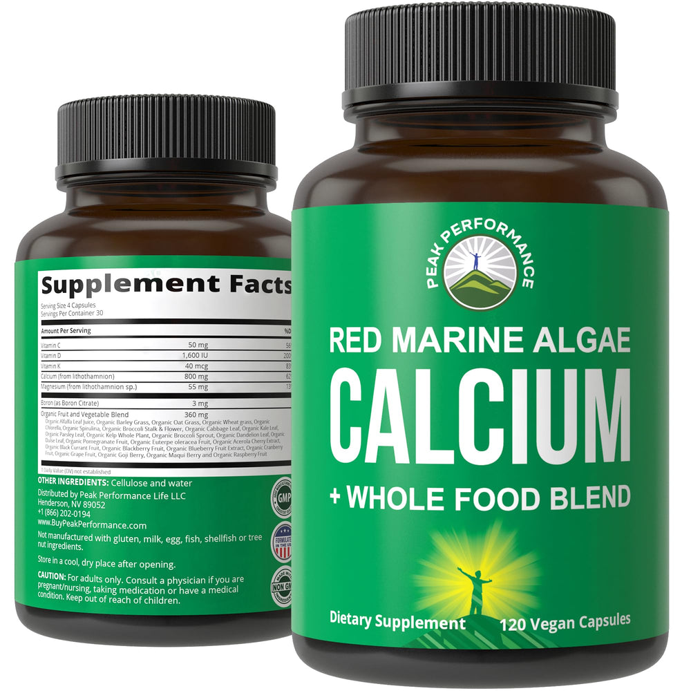 Peak Performance Plant Based Calcium bottle front label highlights vegan calcium from red marine algae.