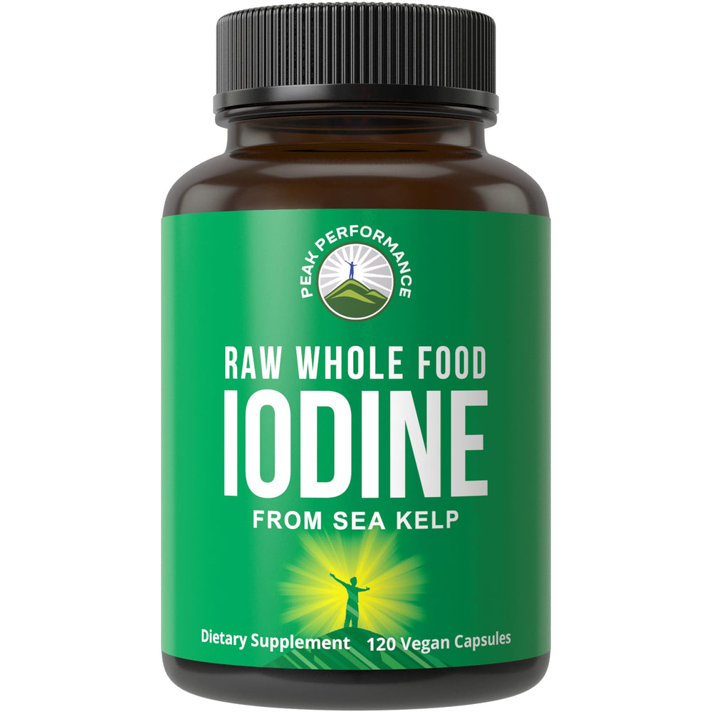 Peak Performance iodine bottle with raw organic kelp; supports daily iodine intake