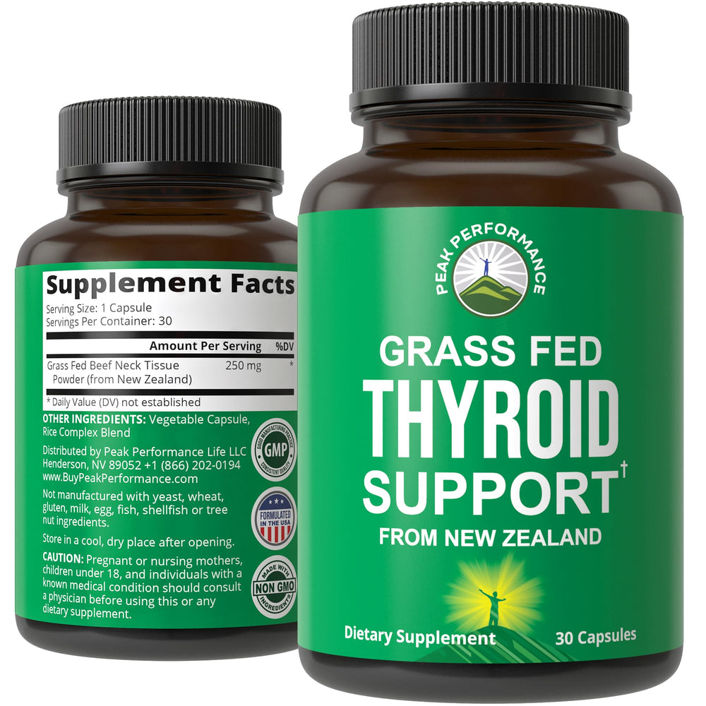 Peak Performance raw thyroid capsules bottle for daily energy and focus.