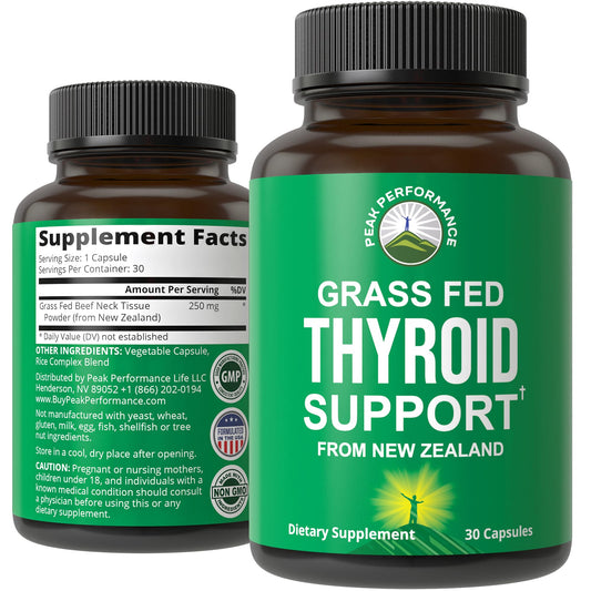 Peak Performance raw thyroid capsules bottle for daily energy and focus.