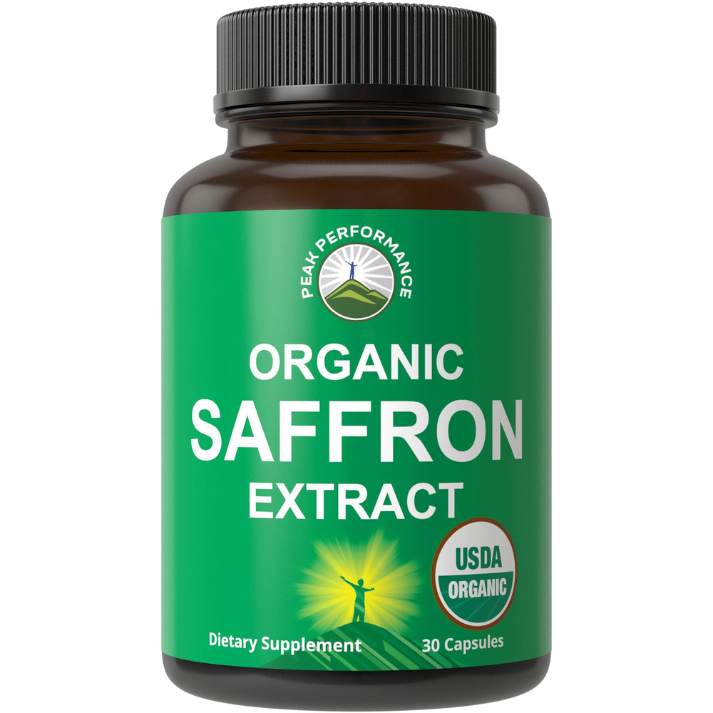 Peak Performance saffron extract bottle showing organic capsules for mood balance and focus.