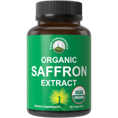 Peak Performance saffron extract bottle showing organic capsules for mood balance and focus.