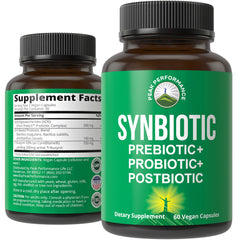 Peak Performance Synbiotic bottle shown for daily digestive support and routine.
