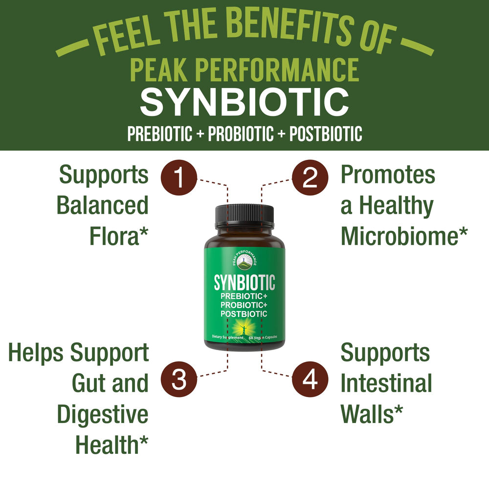 Close-up of Peak Performance Synbiotic capsules highlighting vegan 3-in-1 formula.