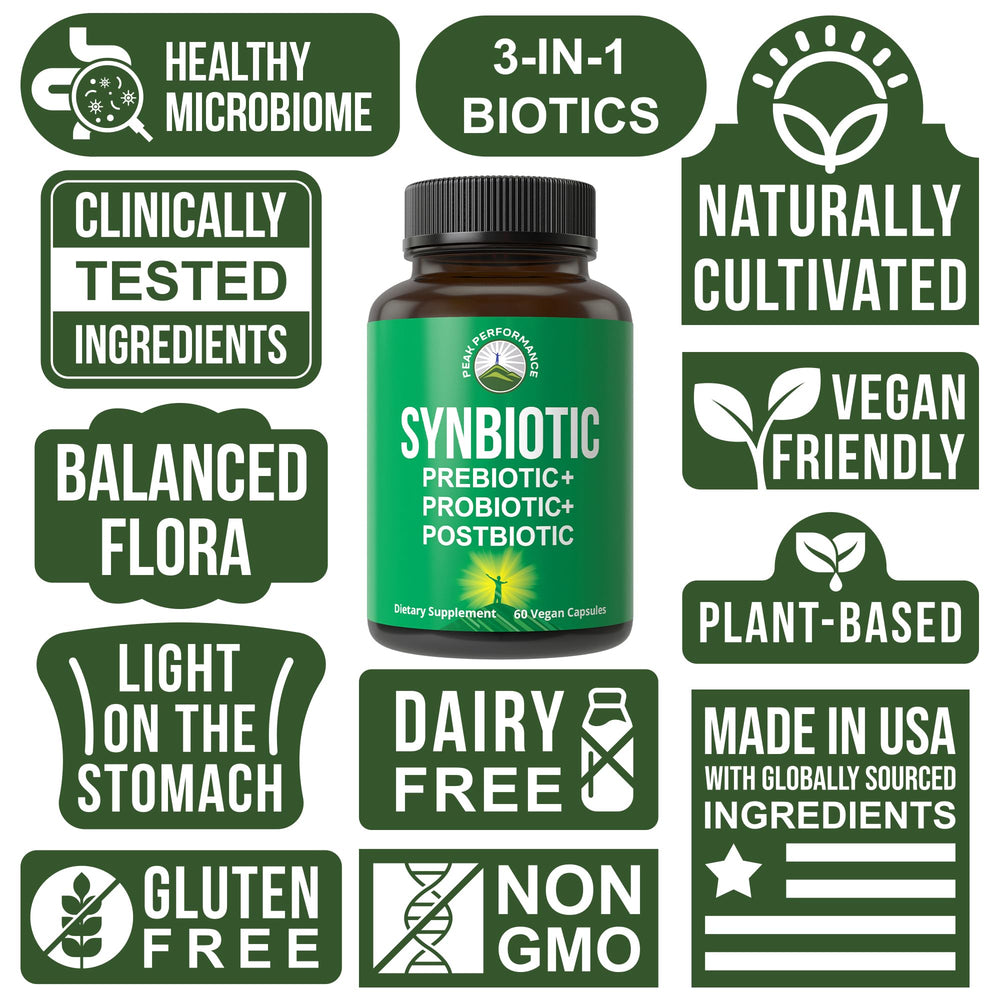 Peak Performance Synbiotic capsules in hand for on-the-go gut balance.