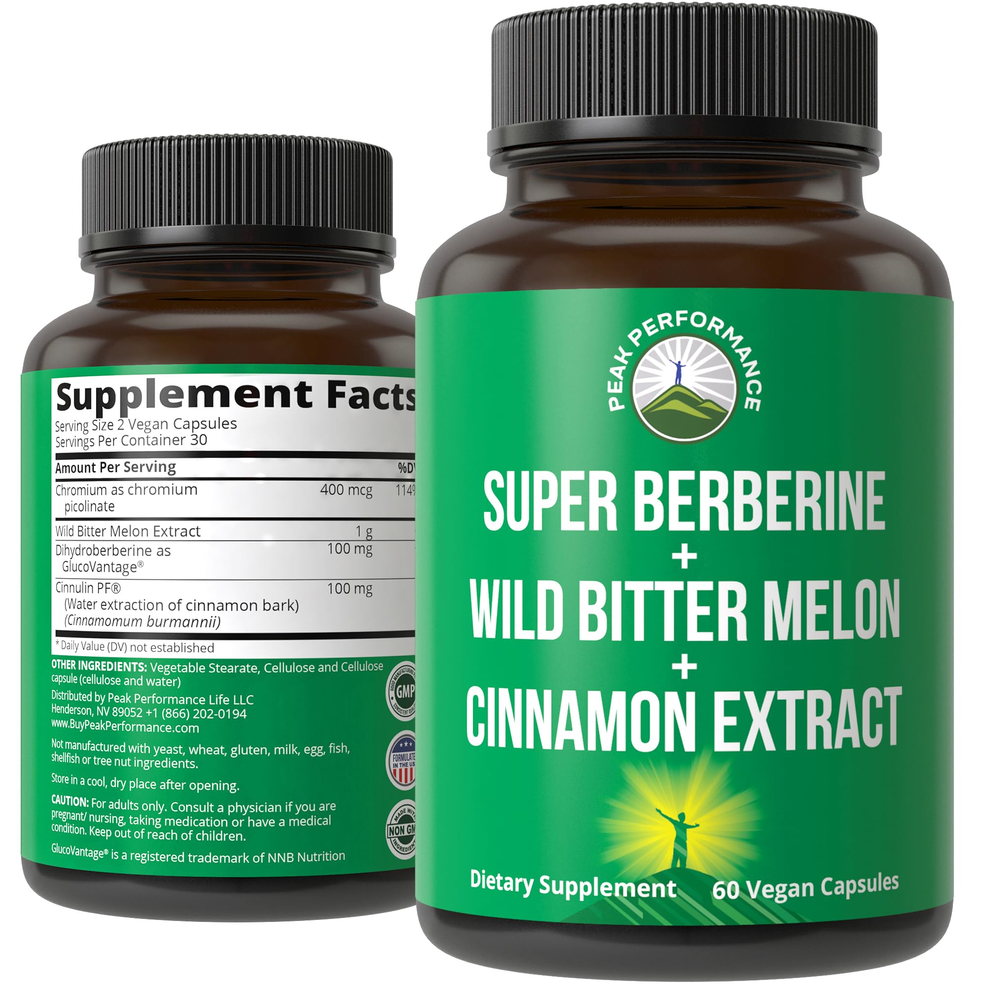 Peak Performance Ultra High Strength 4-in-1 Berberine DHB bottle shows enhanced absorption potential
