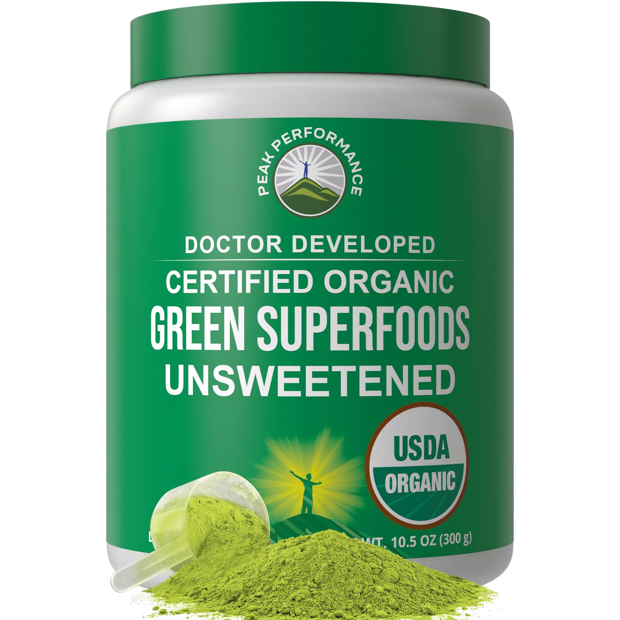 Peak Performance unsweetened greens powder bottle—convenient daily superfood boost for energy and recovery.