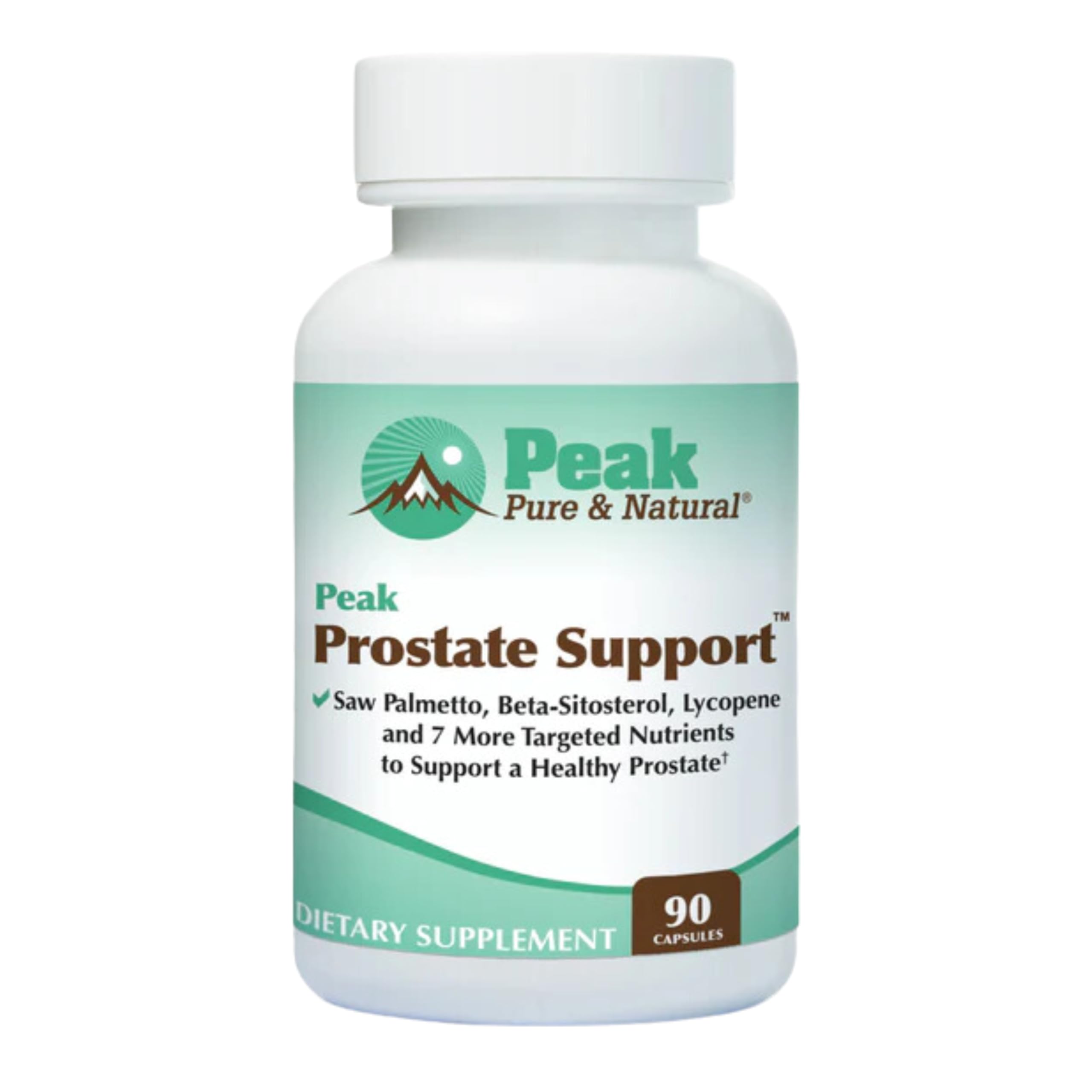 Peak Prostate Support bottle close-up highlighting saw palmetto blend for potential urinary support.