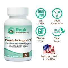 Peak Prostate Support capsules on a white surface suggesting potential urinary health support.