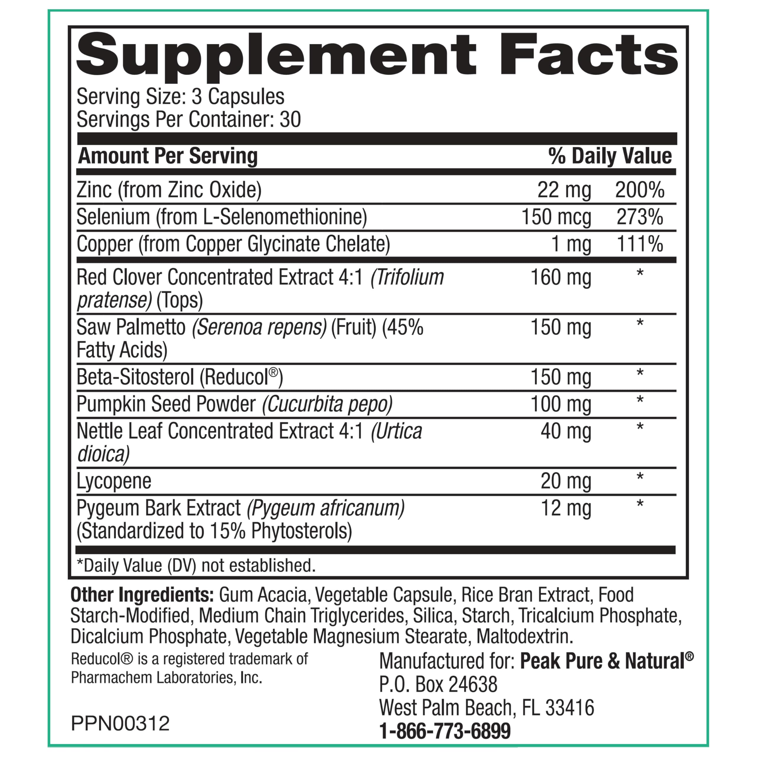 Peak Prostate Support label close-up showcasing natural ingredients like saw palmetto and lycopene.