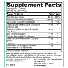 Peak Prostate Support label close-up showcasing natural ingredients like saw palmetto and lycopene.