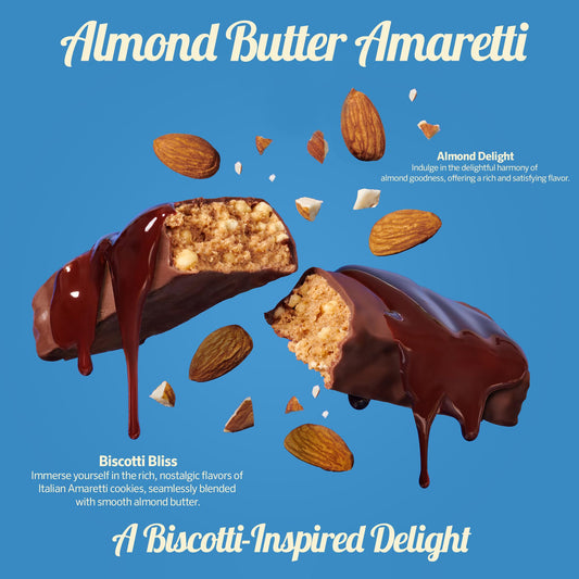 Peak Protein bar close-up reveals almond butter and amaretti texture for a satisfying snack.