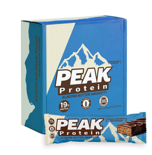 Peak Protein Almond Butter Amaretti packaging, high-protein on-the-go snack.