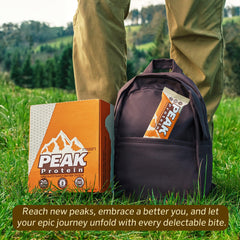 Peak Protein Bars Chocolate Peanut Butter Crunch nutrition panel with 20g protein per bar.
