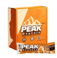 Peak Protein Bars Chocolate Peanut Butter Crunch packshot highlighting gluten-free, Non-GMO snack.