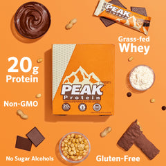 Peak Protein Bars Chocolate Peanut Butter Crunch texture closeup showing rich chocolate and peanuts.