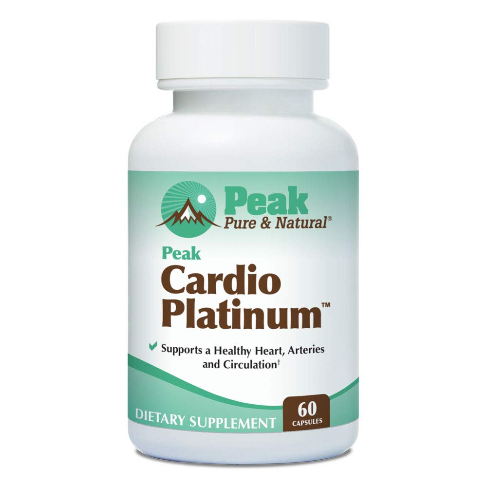 Peak Pure & Natural Peak Cardio Platinum bottle highlights heart support ingredients for healthy circulation.