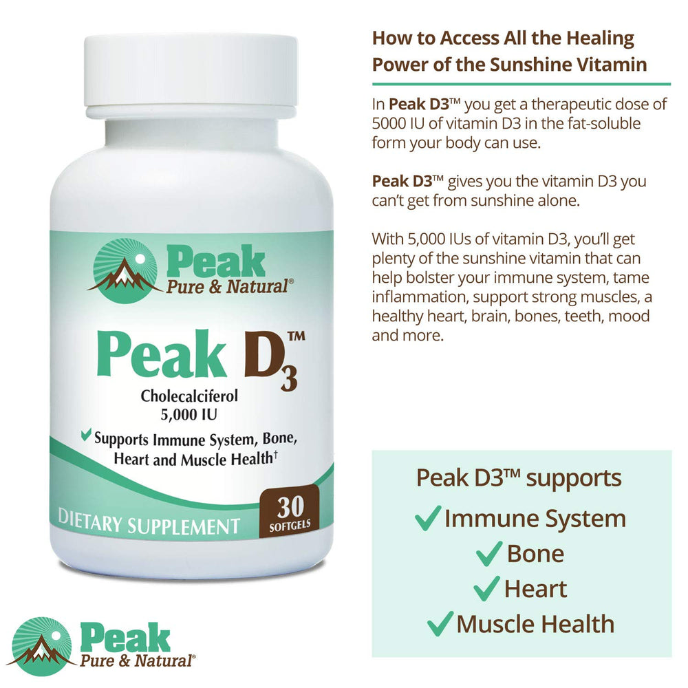 Peak Pure & Natural Peak D3 label shows gluten-free non-GMO formula.