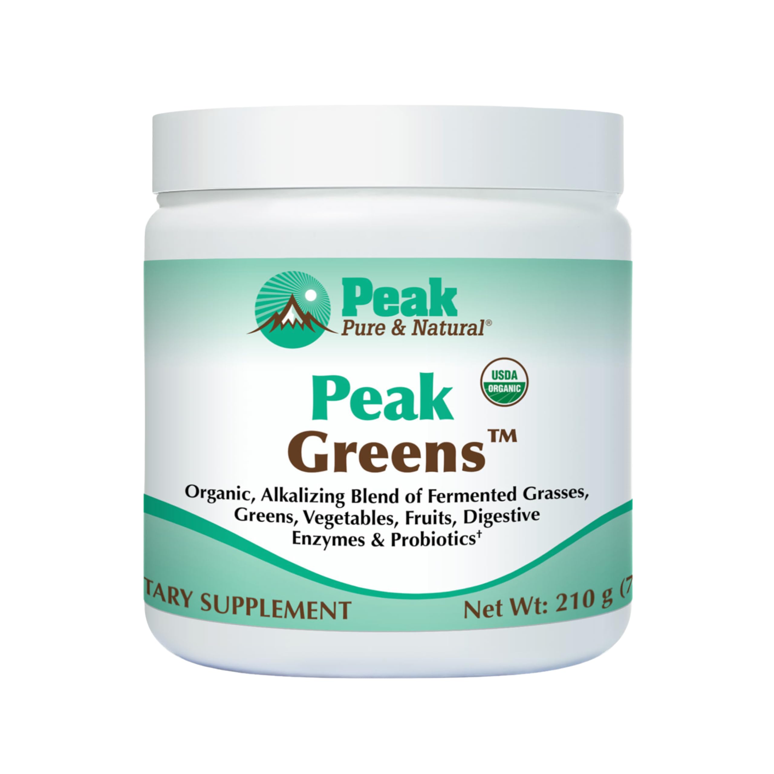 Peak Greens fermented grass powder shown—supports digestion and alkalinity.
