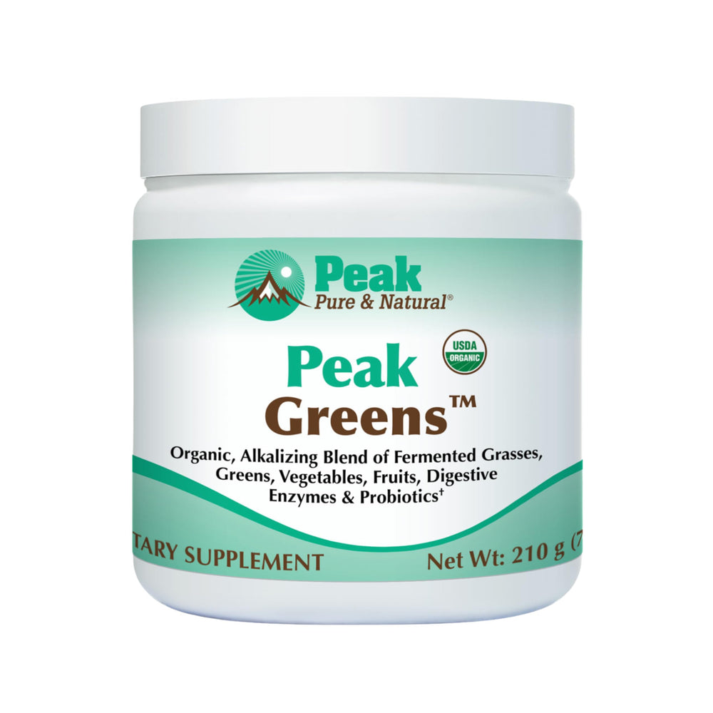 Peak Greens fermented grass powder shown—supports digestion and alkalinity.
