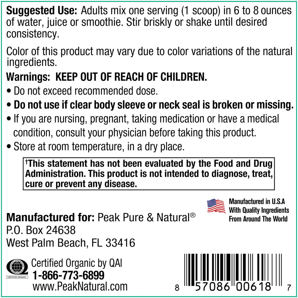 Peak Greens fruit-vegetable mix highlights kale, spinach, and berries.