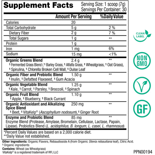 Peak Greens organic antioxidant alkalizing blend image promotes pH balance.