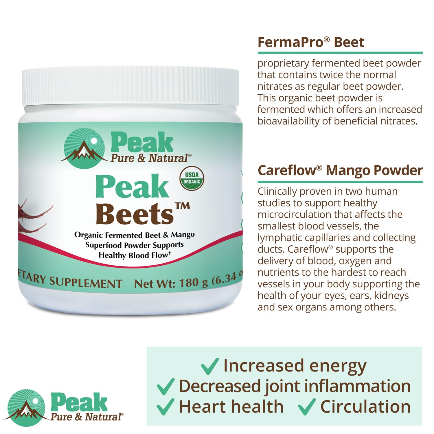 Made in USA facility seal emphasizes Peak Pure & Natural quality and safety.