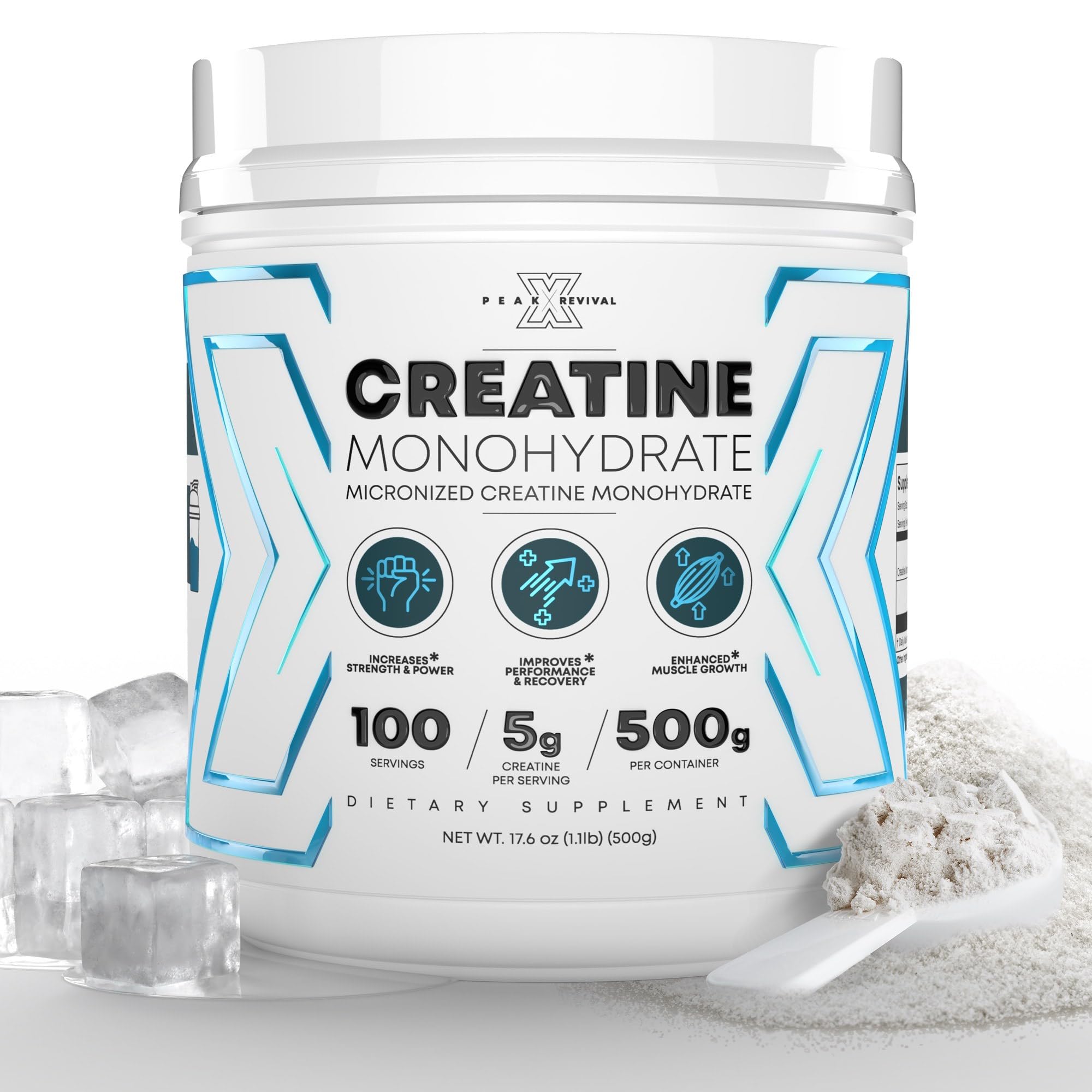 Peak Revival-X creatine powder bottle front, ready for workouts and easy to mix.