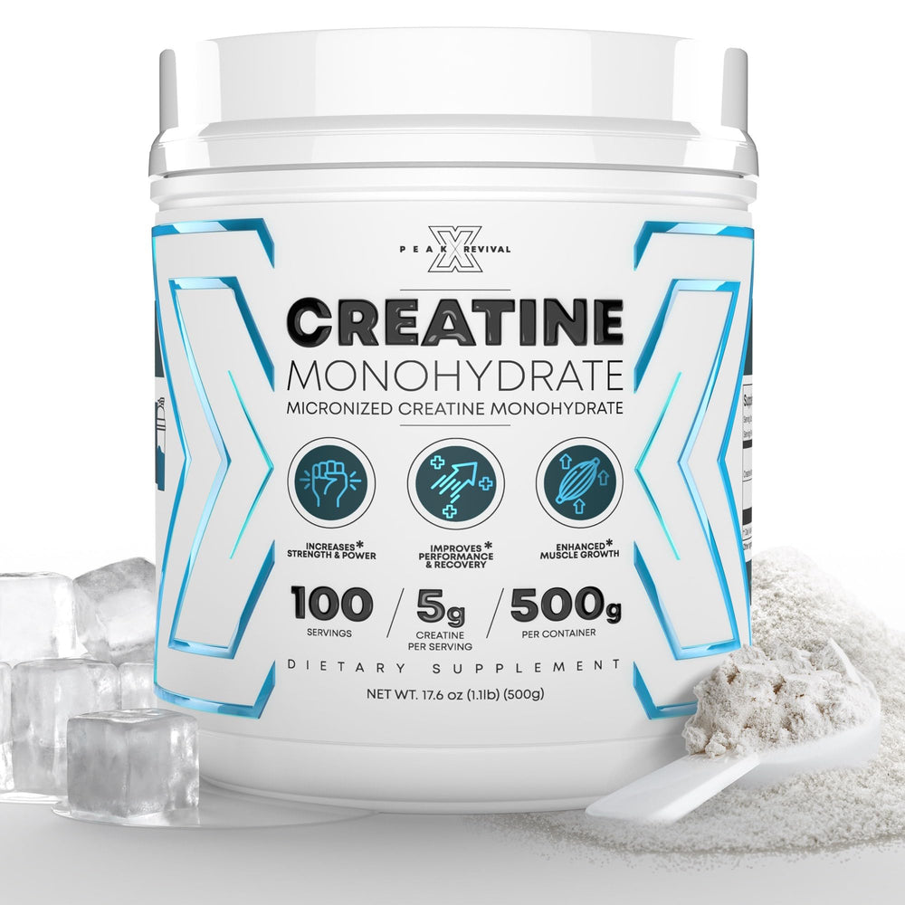 Peak Revival-X creatine powder bottle front, ready for workouts and easy to mix.