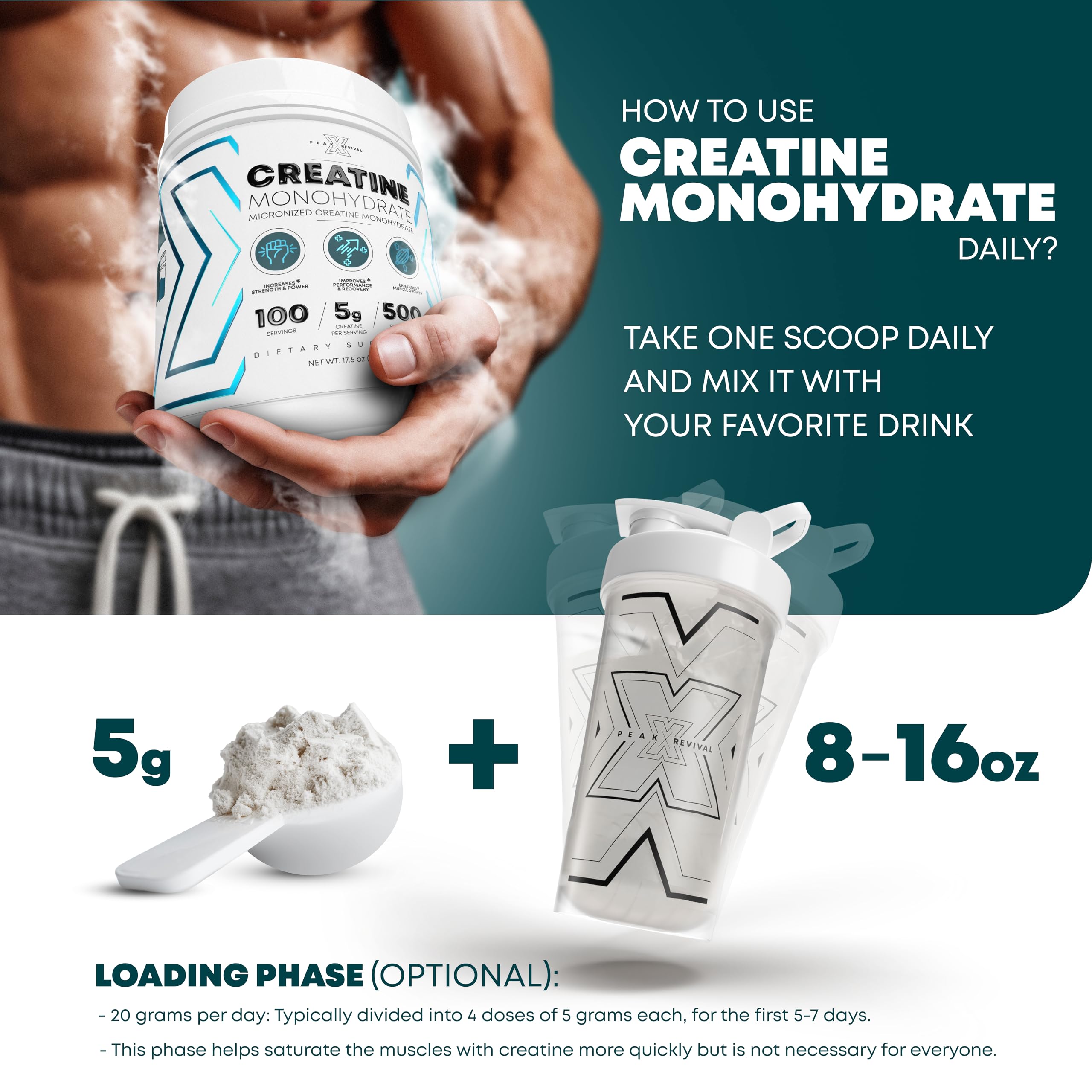 Peak Revival-X creatine powder label close-up highlighting high-purity ingredients.