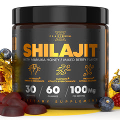Peak Revival-X Shilajit Gummies in a jar with mixed berry flavor, convenient daily energy support